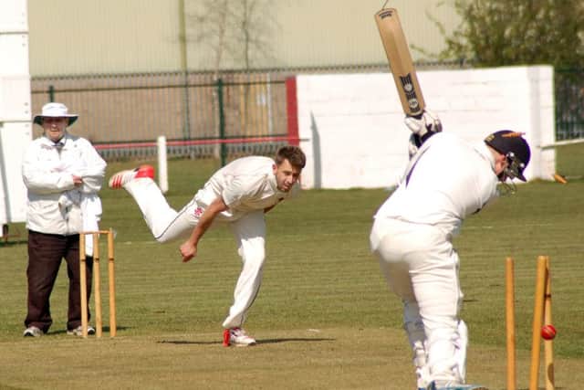 Mike Roberts clean bowls his fifth Thorpe victim James Fendell EMN-160426-103113002