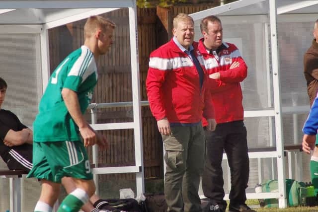 Melton Mowbray joint managers Matt Curtis and Cliff Thornton look on EMN-160427-104511002