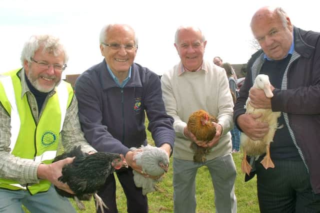 Rotary District Govenor Geoff Blurton (2nd left) gets set to release the hens and ducks with fellow Rotarians John Clayton, Keith Yates and David Morris
PHOTO: Tim Williams