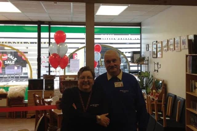 Manager Angela Dawson with chairman Ivor Ruddle at The Melton Furniture Project shop on Nottingham Street 
PHOTO: Supplied