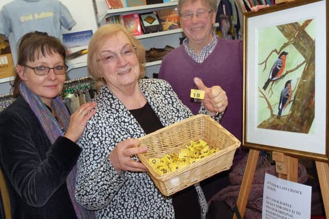 Manager Eva Pone and artist Richard Cragg look on as councillor Pam Posnett picks out the winning ticket EMN-160429-150721001