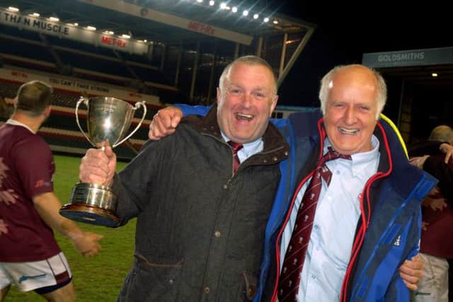 John Hill and Rob Goldthorpe celebrate on a memorable night at Welford Road EMN-160305-233648002