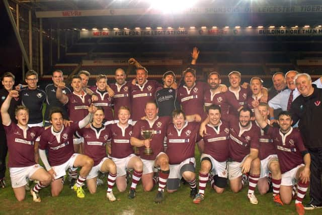 Melton RFC celebrate with the Leicestershire Senior County Cup at Welford Road EMN-160405-112448002