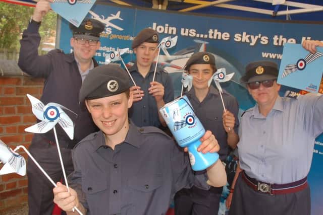 RAFA cadets Max Pymm, Daryl Green and Jack Criddle with Flying Officer Dan McGlynn and Sergeant Lynda Kinniburgh