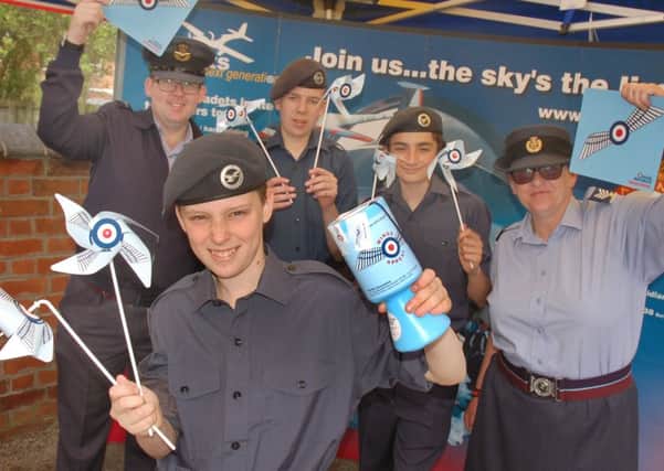 RAFA cadets Max Pymm, Daryl Green and Jack Criddle with Flying Officer Dan McGlynn and Sergeant Lynda Kinniburgh