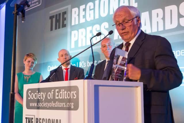 Trevor Hicks, president of the Hillsborough Families Support Group, addresses the Regional Press Awards EMN-160525-113335002