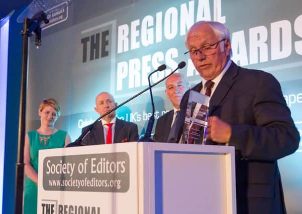 Trevor Hicks, president of the Hillsborough Families Support Group, addresses the Regional Press Awards EMN-160525-113335002