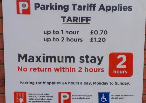 A sign informing motorists of the parking tariffs and terms and conditions in the Bell Centre car park EMN-160526-171336001
