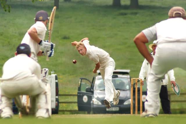 Syston paceman George Corbett sends one down to Barkby's Ian Kirk EMN-160531-094708002