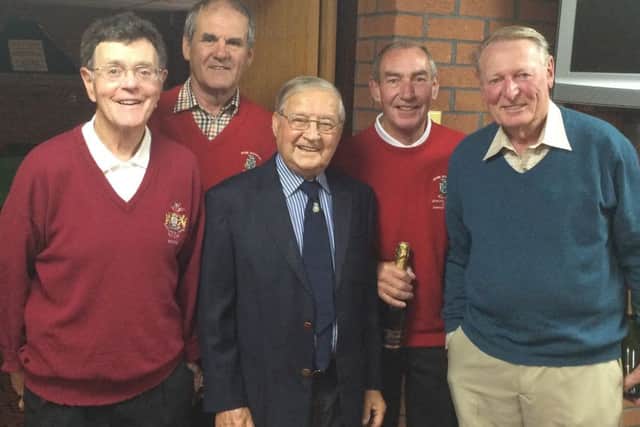 Joe Lindley (centre) with winners, from left, Peter Smith (Radcliffe), Mike Nixon (Stoke), Graham Manton (Stoke), B. Whitchurch (Radcliffe) EMN-160706-153254002