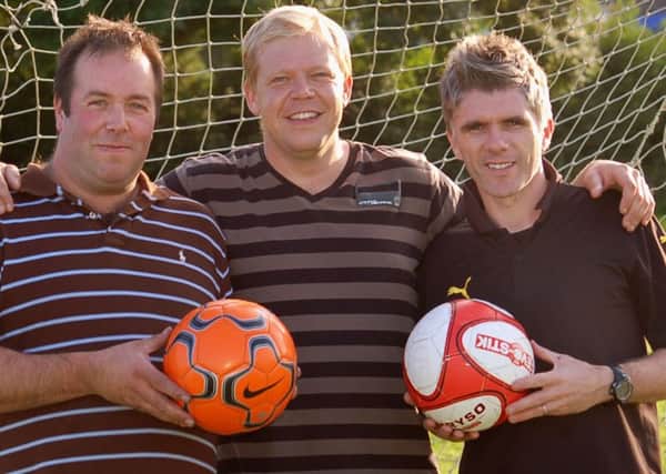 Melton Mowbray FC new manager Tony Thorpe (right) with former joint managers Cliff Thornton and Matt Curtis who will form part of his support team EMN-160806-114644002