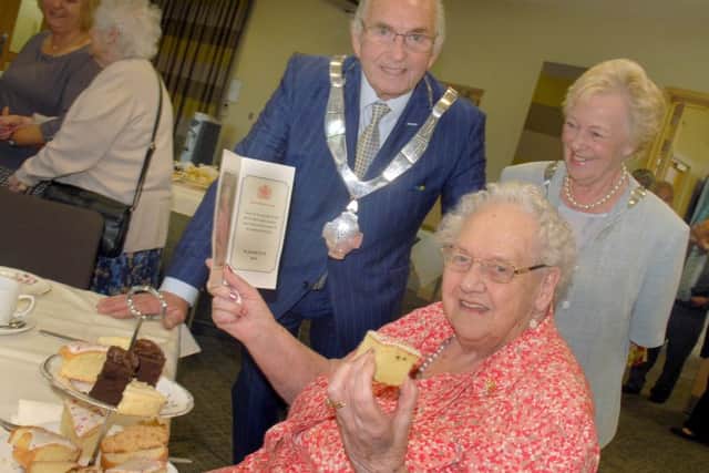 90 year old birthday girl Gwendoline Hadley celebrates with Mayor and Mayoress David and Maureen Wright
PHOTO: Tim Williams