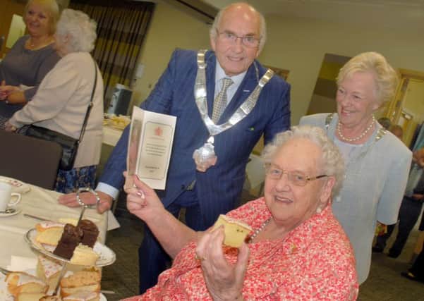 90 year old birthday girl Gwendoline Hadley celebrates with Mayor and Mayoress David and Maureen Wright 
PHOTO: Tim Williams