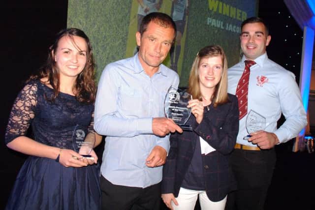 Sports Personality of the Year Paul Jacobs with finalists Emmadee Fox (left) and Marcus Badham, and special guest Sophie Hahn on behalf of sponsors Mars Food EMN-160630-231550002