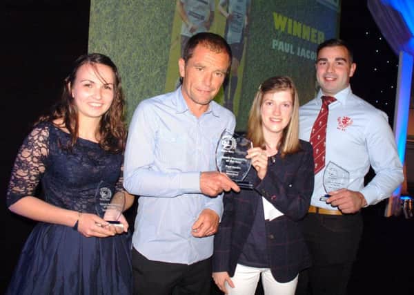 Sports Personality of the Year Paul Jacobs with finalists Emmadee Fox (left) and Marcus Badham, and special guest Sophie Hahn on behalf of sponsors Mars Food EMN-160630-231550002