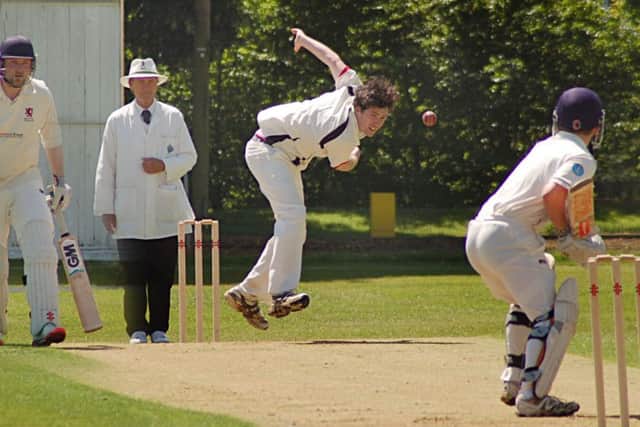 Oakham bowler Rory Brown sends one down to Egerton Park batsman Edward Bates EMN-160507-125955002