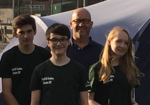 Pupils and teachers have taken part in a sleepover under canvas, in the school grounds, to prepare for living conditions on their 2017 trip to Sumatra PHOTO: Supplied