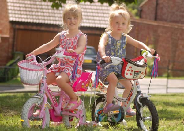 From left are twins Abigail and Ava-May Pengelly (3) who will be taking part in a 'baby triathlon' in Burton Lazars next month to raise funds towards a memorial to brave airmen who were badly burned in the Second World War EMN-160725-092850001