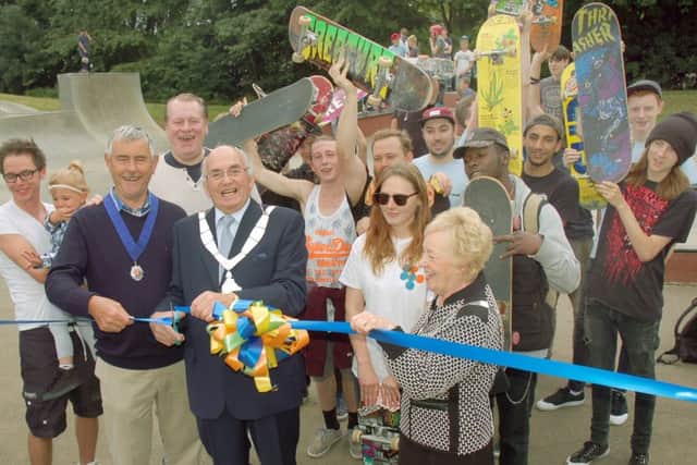 Mayor David Wright cuts the ribbon to officially open the new skatepark PHOTO: Tim Williams