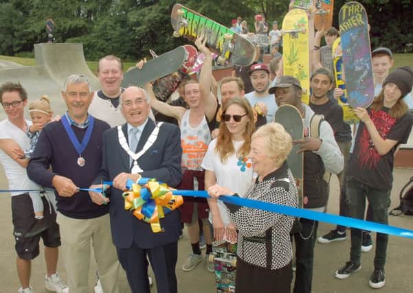 Mayor David Wright cuts the ribbon to officially open the new skatepark PHOTO: Tim Williams