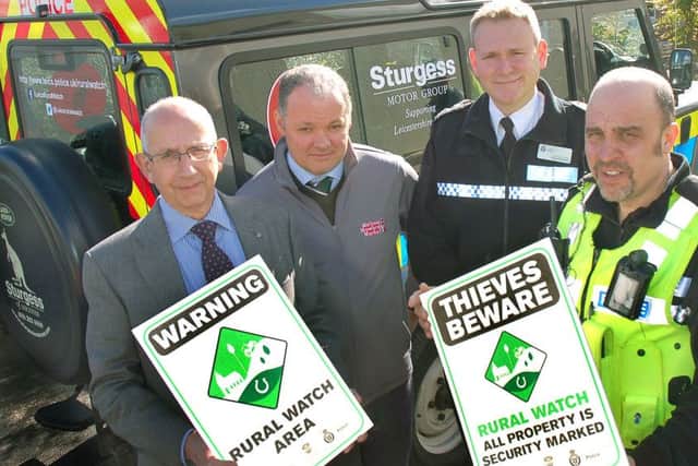 Pictured from left with some of the Rural Watch signs are Stephen Jeal, Melton NFU Mutual senior group secretary, Hugh Brown, cheif executive officer of Gillstream Markets Ltd which manages Melton Market, Leicestershire Police deputy chief constable Roger Bannister and Pc Mark Longden, dedicated neighbourhood officer covering the Vale of Belvoir EMN-160108-163902001