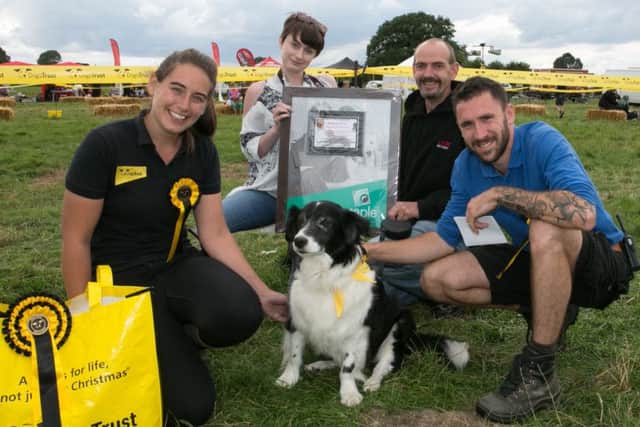 Border Collie, Harvey, won best in show after being judged most handsome dog.' He is pictured with (from left) supporter relations officer Ella Tonge, who one of the judges, Becky Lewis of Captcha Photography, who provided a photo shoot for the winning pooch, proud owner Simon Dennis and Nico Joiner, Dogs Trust training behavior adviser PHOTO: Ken Hanrahan-Smith