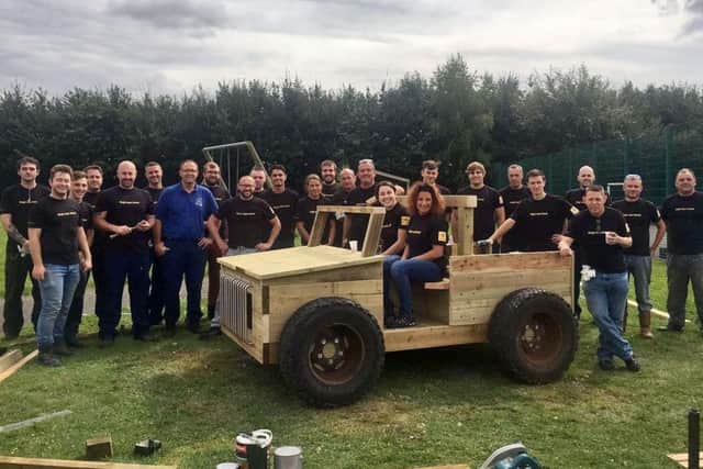 The life-size wooden jeep made by Mars associates for the Birch Wood School pupils to enjoy when they return after the summer holidays in August EMN-160408-185616001