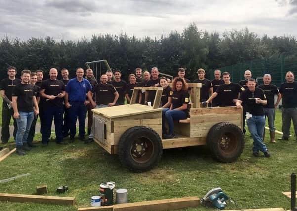 The life-size wooden jeep made by Mars associates for the Birch Wood School pupils to enjoy when they return after the summer holidays in August EMN-160408-185616001