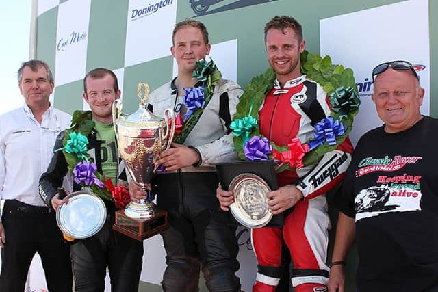 Ant Hart (second from right) made the podium for the day's main event, the Wheatcroft Trophy race EMN-161008-175328002