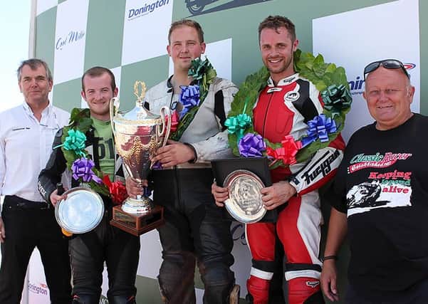 Ant Hart (second from right) made the podium for the day's main event, the Wheatcroft Trophy race EMN-161008-175328002