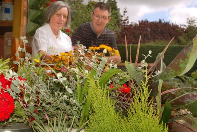 Owner Alison Blythe discusses patio plants with visitor Neville Abbott.