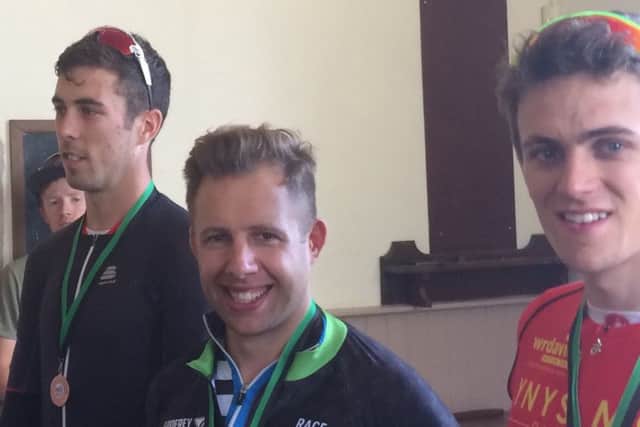Dringy's Road Race top three - winner Ed Pickard (centre), runner-up Rhodri Owen (right) and Fraser Rounds EMN-160824-112152002