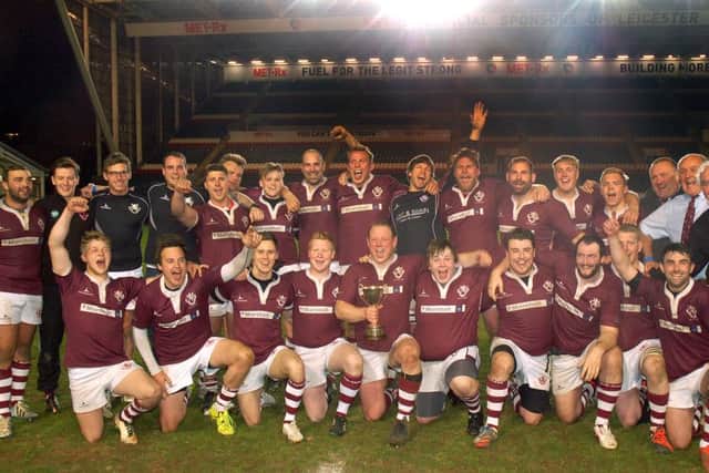 Melton RFC celebrate with the Leicestershire Senior County Cup at Welford Road EMN-160825-172101002