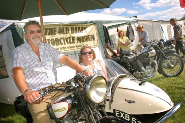 Rick Hamblin and Becky Scott in their 1938 Panther Red Wing from Old Dalby Motorcycle Museum PHOTO: Tim Williams