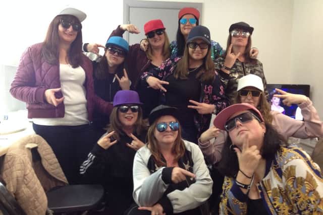 Melton's Cath Gregory with fellow Honey G lookalikes backstage at the X Factor EMN-161017-141430001