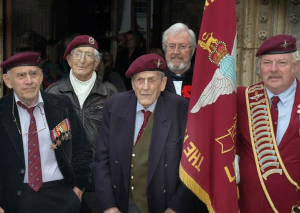 Former Ambassador Michael A Winner, Sandy Saunders, Colonel John Waddy, Rev. Brian McAvoy and Standard Bearer John Gibbard meet up outside St Mary's Church prior to a service to mark the 75th anniversary of the formation of 156 Battalion, the Parachute Regiment EMN-161018-111032001