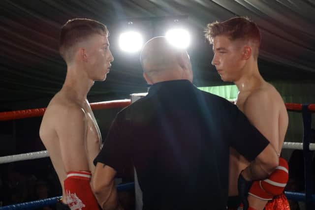 George Griffiths (right) comes face to face with Danny Brody before his victory against the Spanish-based fighter EMN-161115-152254002