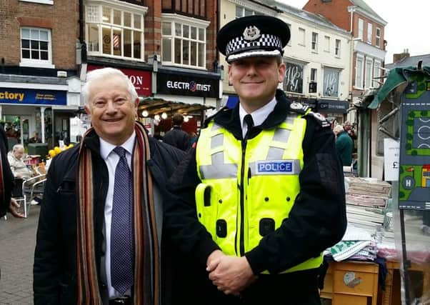 Leicestershire Deputy Chief Constable Roger Bannister and Police and Crime Commissioner Lord Willy Bach pictured during their visit to Melton street market EMN-161116-105407001