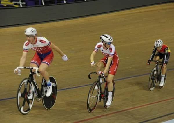 Tom Chandler (left) and team-mate lead thweir Raleigh rivals at the Scottish Track Championships EMN-161130-110012002
