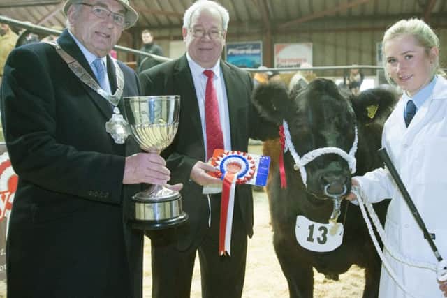 Matthew O'Callaghan and Mayor David Wright present the cup for the Champion Beast .
