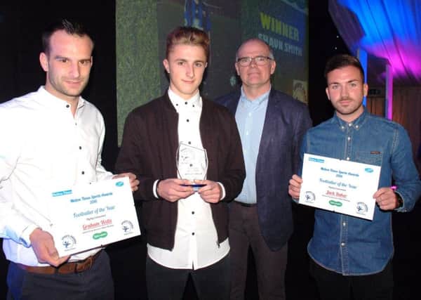 Shaun Smith was the Melton Times Footballer of the Year last June. Pictured with finalists Jack Baker (right) and Graham Wells (left), and Marshall Bradley of Specsavers EMN-170124-155141002