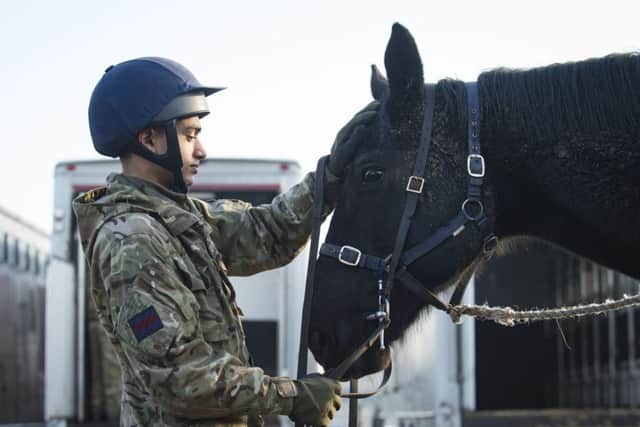 Pictured: Trooper Sam Ferguson of the blues and Royals strokes the horse Integrity before loading onto the lorries to head back to London.
Horses based in London have been at the Defence Animal Centre since November having a well-deserved grass rest from their ceremonial duties. They are now rested and being transported back to HQ London District to be groomed and shod for their build up exercises, ready to start their ceremonial duties.
Photographer:
Corporal Dek Traylor / MoD Crown EMN-170131-102612001