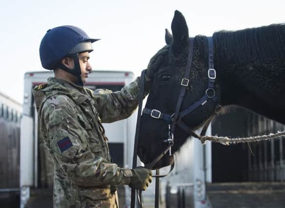 Pictured: Trooper Sam Ferguson of the blues and Royals strokes the horse Integrity before loading onto the lorries to head back to London.

Horses based in London have been at the Defence Animal Centre since November having a well-deserved grass rest from their ceremonial duties. They are now rested and being transported back to HQ London District to be groomed and shod for their build up exercises, ready to start their ceremonial duties.

Photographer:
Corporal Dek Traylor / MoD Crown EMN-170131-102612001