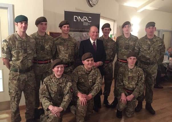 DNRC programme director, General Sir Timothy Granville Chapman (centre) with boys from Loughborough Grammar School CCF, school staff instructor Michael Hall (left) and Officer Commanding Army 2nd Lieutenant Paul Moffett (right) PHOTO: Supplied