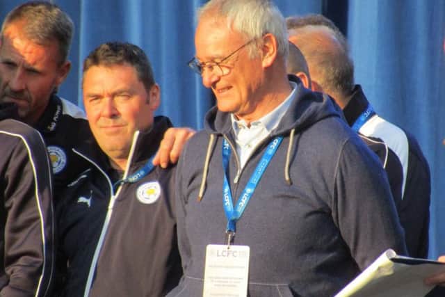 Leicester City's triumphant manager Claudio Ranieri on stage at Leicester's Victoria Park EMN-170902-104114002