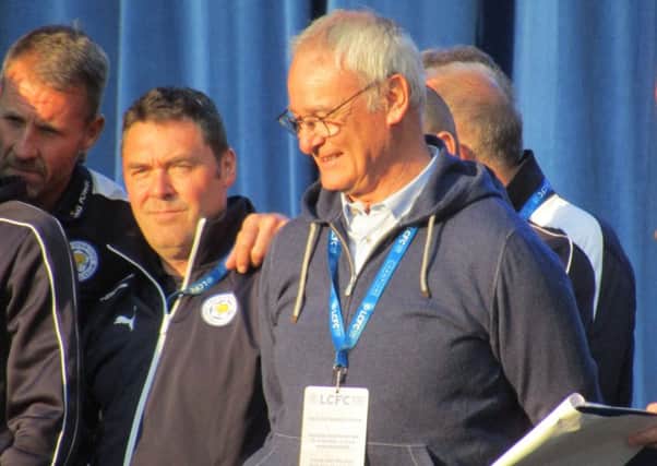 Leicester City's triumphant manager Claudio Ranieri on stage at Leicester's Victoria Park EMN-170902-104114002