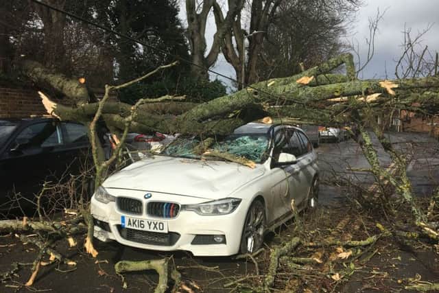 Sarah's Robb's heavily damaged car after a tree crashed down on to it while she was driving in Syston during Storm Doris EMN-170227-164430001