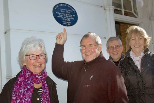 Graham Chapmans former school friends John Bailey (left) and Ifan Griffiths, with fellow Edwardians members Margaret Spencer and Brenda Munton beside the new location for the blue plaque EMN-170313-171916001