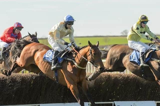 Unbeaten Hazel Hill (centre) leads on the eay to victory in Belvoir meet's feature race Picture: Nico Morgan Photography EMN-170329-095655002