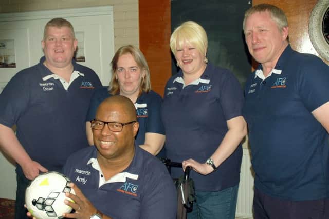 Asfordby FC directors - Andy Harrison ( front) with Dean Cook, Jamie Hill, Sarah Wilson, Duncan Shelley EMN-170404-103815002